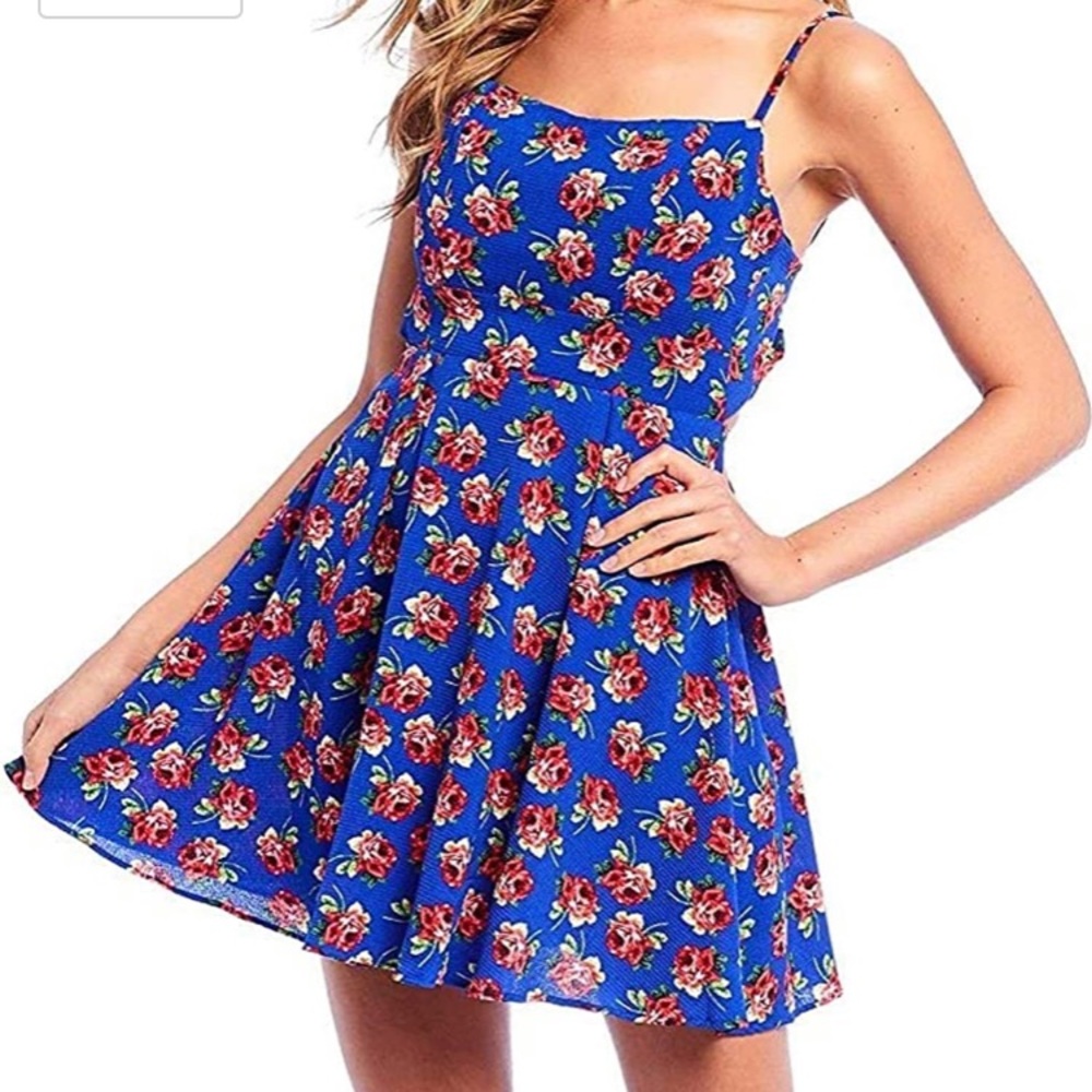 B. Darlin Blue Floral Mini Dress Size 3 / 4 Juniors Women's Tie Back